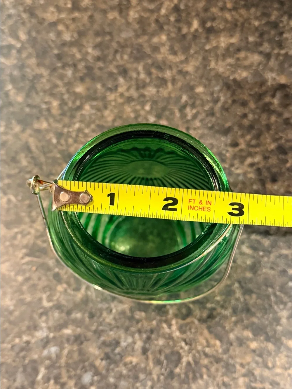 Green Pressed Glass Sunburst Vase with Metal Handle - Picture 6 of 8